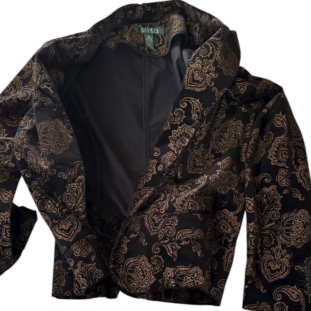 Lauren Ralph Lauren Black Gold Paisley Velvet Blazer Tailored Jacket W Sz 10 - Picture 13 of 16